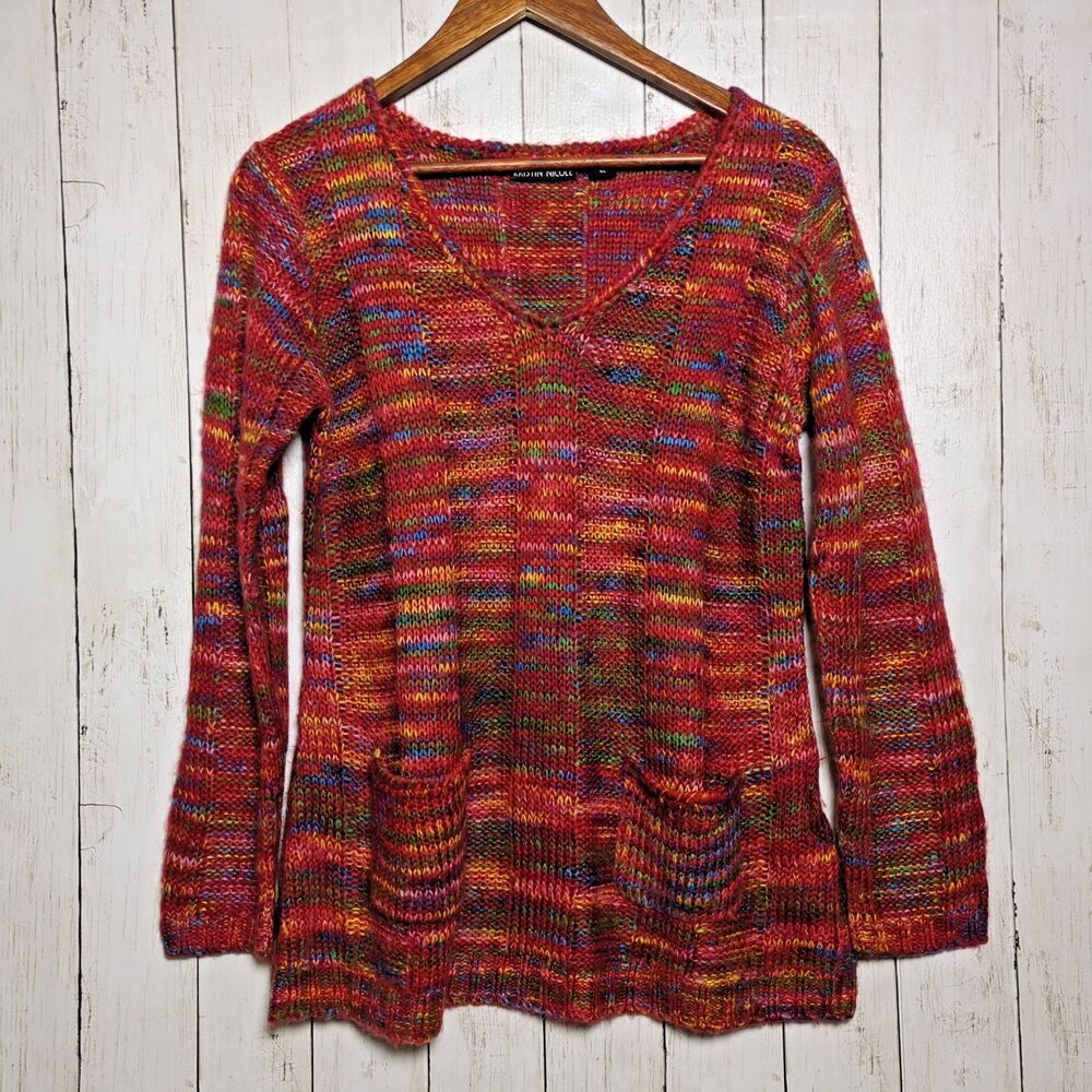 Kristin Nicole Red Space Dye Open Knit Pullover Sweater XL Boho Colorful Rainbow